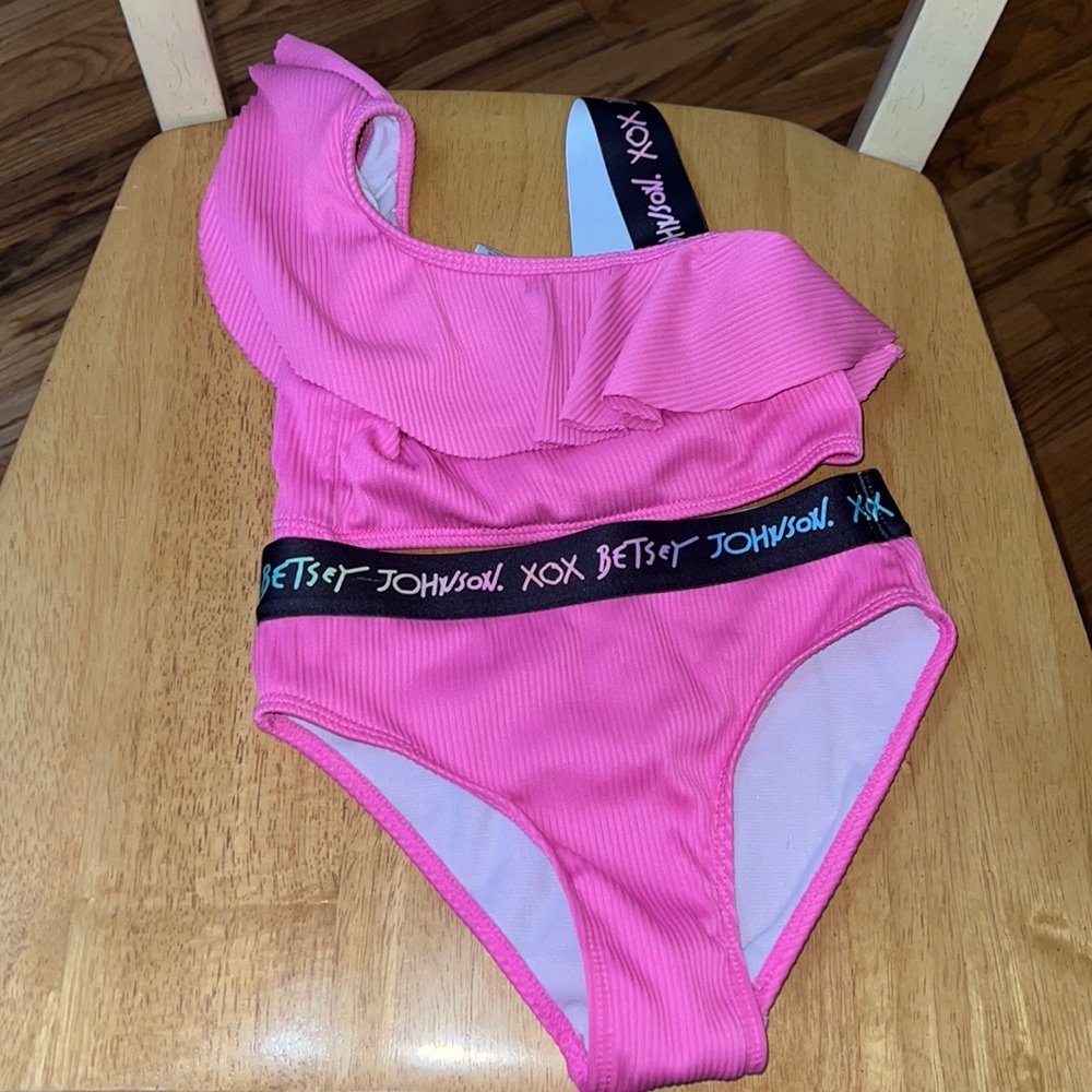 Betsey Johnson Assymetrical, Ruffle Top Bikini Set Girls Size Medium (10)